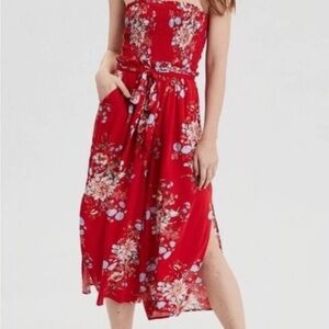American Eagle Outfitters Red Floral Strapless Jumpsuit